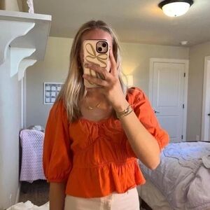 a new‎ day Cinched Waist Puff Sleeve Coral Orange Blouse Size Large NWT